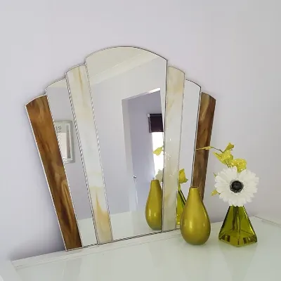 Art Deco fan mirror  with brown and cream stained glass