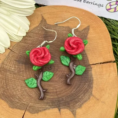 Pretty Red Rose Flower Earrings 1