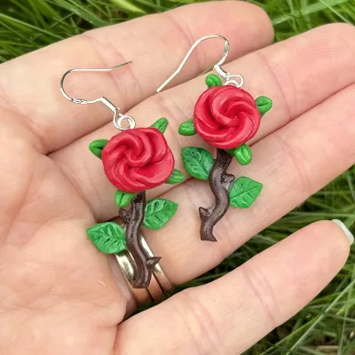 Pretty Red Rose Flower Earrings 2