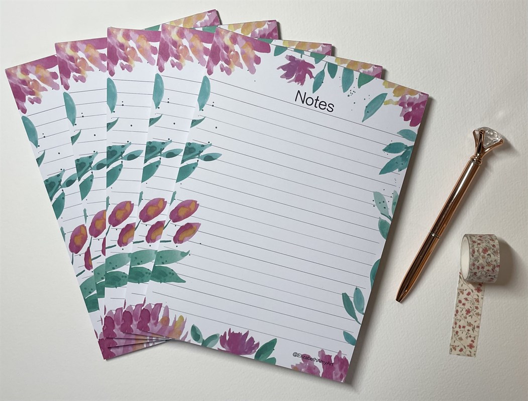 Pink Flowers Notes Notepad Deskpad by Elizabeth Amy Art - Small Market